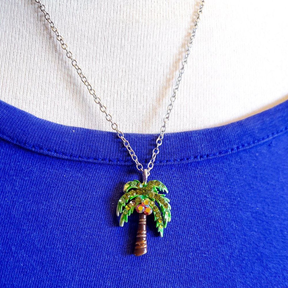 18" Silver Tone Rhinestone Palm Tree Pendant Necklace Tony Alexander Jewelry NWT